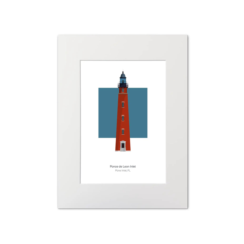 Illustration of the Ponce de Leon Inlet lighthouse, Florida, USA. On a white background with aqua blue square as a backdrop, mounted and measuring 12"x16" (30x40cm).