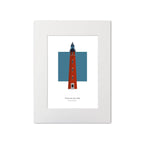 Illustration of the Ponce de Leon Inlet lighthouse, Florida, USA. On a white background with aqua blue square as a backdrop, mounted and measuring 12"x16" (30x40cm).