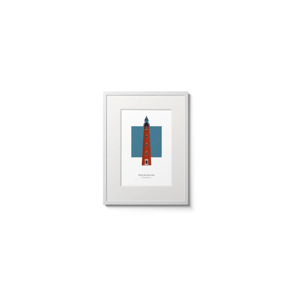 Illustration of the Ponce de Leon Inlet lighthouse, Florida, USA. On a white background with aqua blue square as a backdrop, in a white frame and measuring 6"x8" (15x20cm).