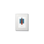 Illustration of the Ponce de Leon Inlet lighthouse, Florida, USA. On a white background with aqua blue square as a backdrop, in a white frame and measuring 6"x8" (15x20cm).