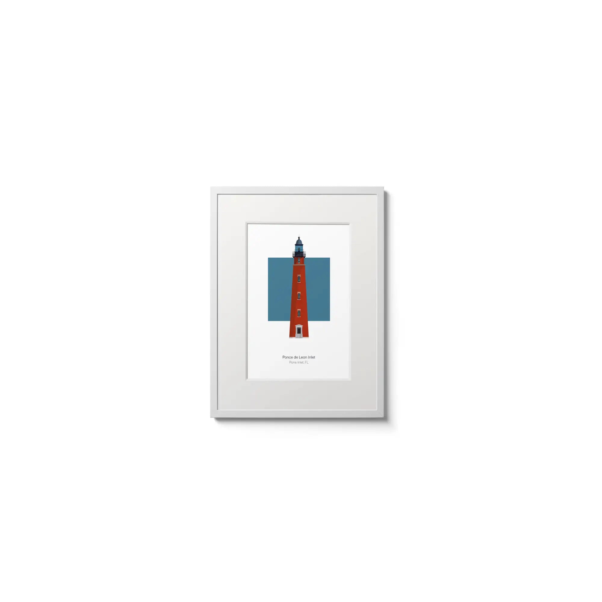Illustration of the Ponce de Leon Inlet lighthouse, Florida, USA. On a white background with aqua blue square as a backdrop, in a white frame and measuring 6"x8" (15x20cm).