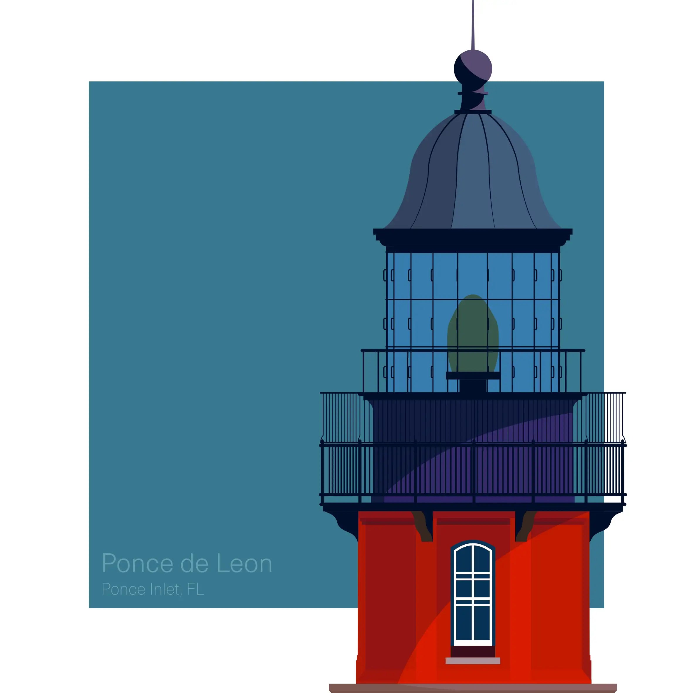 Illustration of Ponce de Leon Inlet Lighthouse, Florida, USA. A tall red lighthouse with a black lantern room against an aqua blue square backdrop.