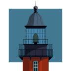 Close-up detail of the Boston Light, Massachusetts, USA, lighthouse illustration, Florida, USA, with aqua blue square backdrop.