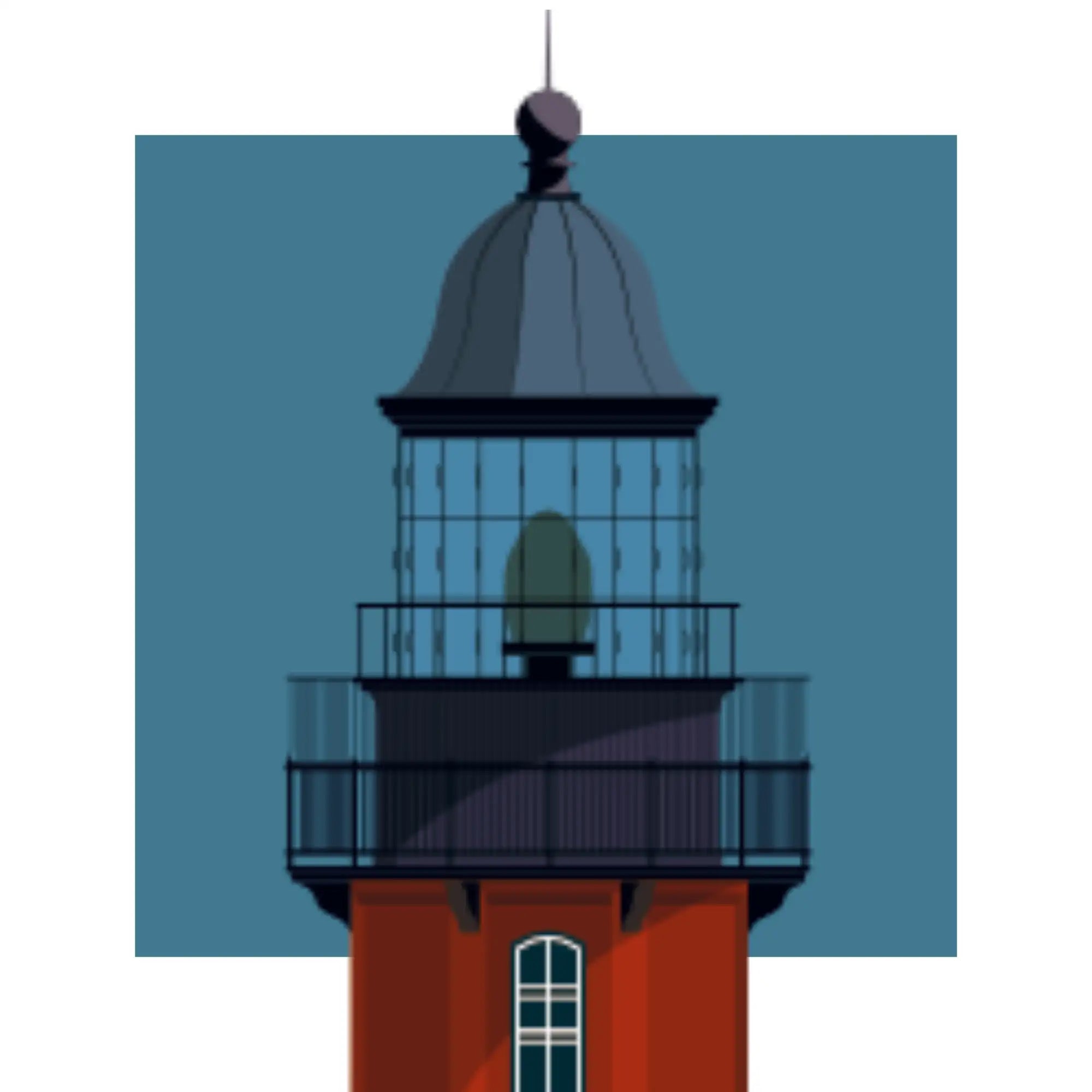 Close-up detail of the Boston Light, Massachusetts, USA, lighthouse illustration, Florida, USA, with aqua blue square backdrop.