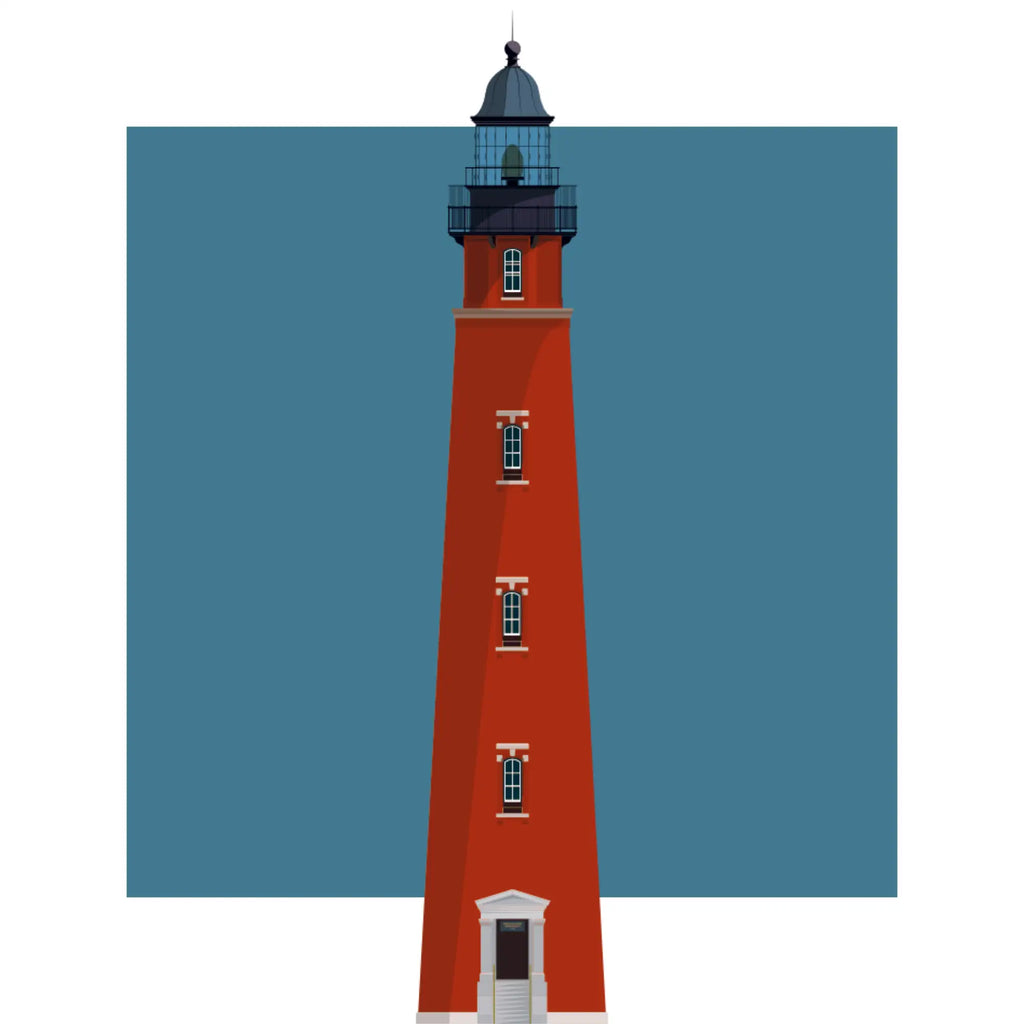 Illustration of the Ponce de Leon Inlet lighthouse, Florida, USA. On a white background with aqua blue square as a backdrop.