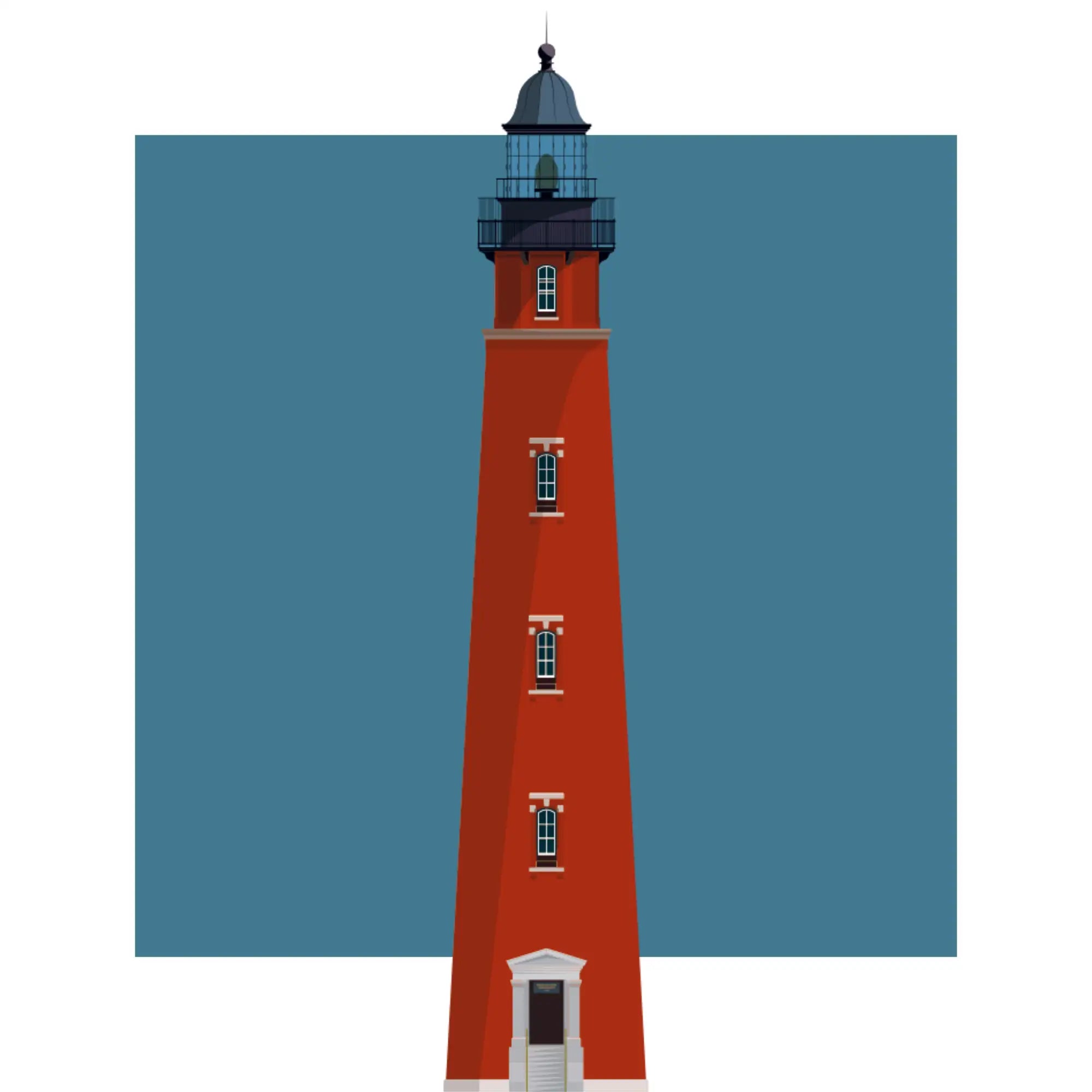 Illustration of the Ponce de Leon Inlet lighthouse, Florida, USA. On a white background with aqua blue square as a backdrop.