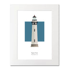 Illustration of the Pigeon Point lighthouse, California, USA. On a white background with aqua blue square as a backdrop, mounted and measuring 16"x 20" (40x50cm).