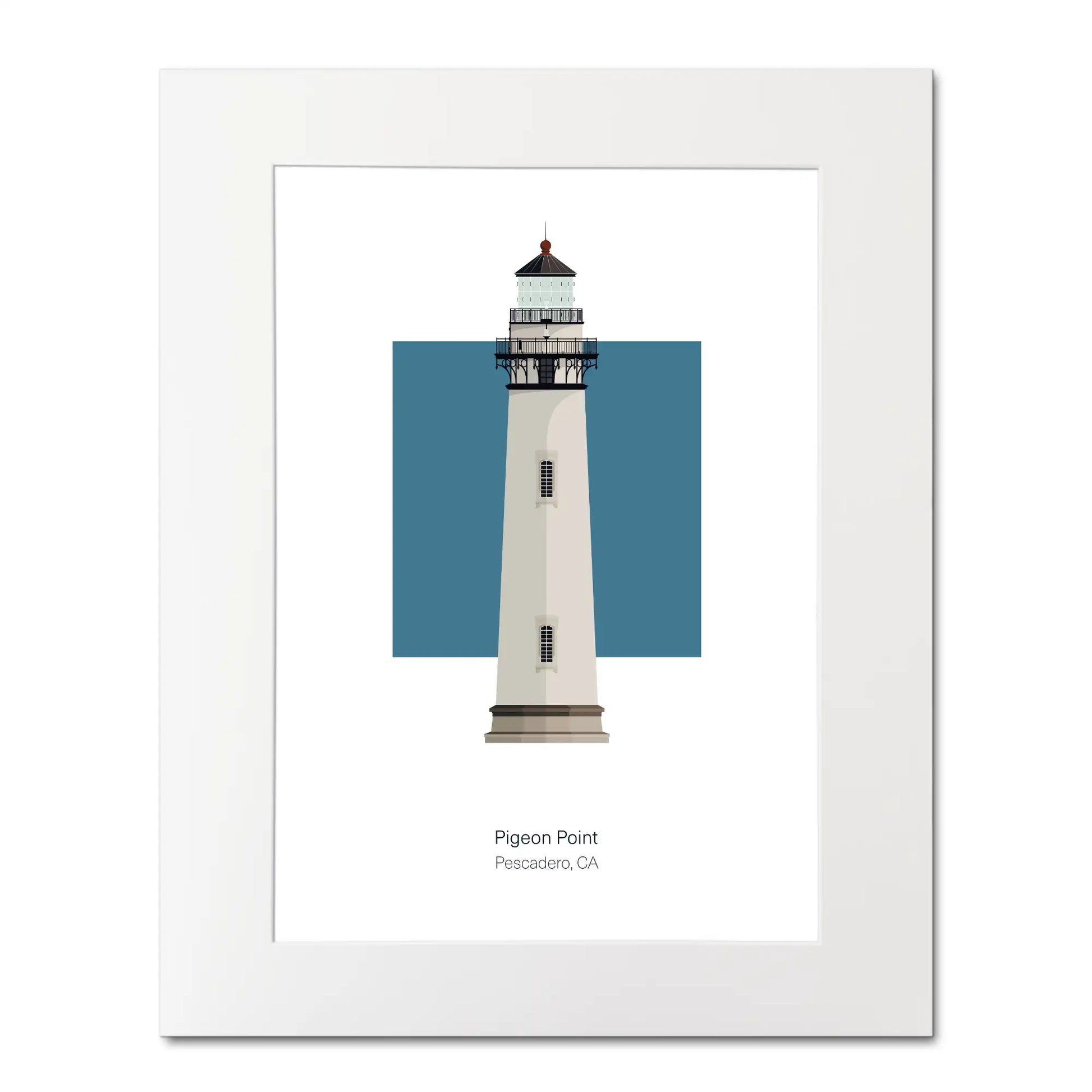 Illustration of the Pigeon Point lighthouse, California, USA. On a white background with aqua blue square as a backdrop, mounted and measuring 16"x 20" (40x50cm).