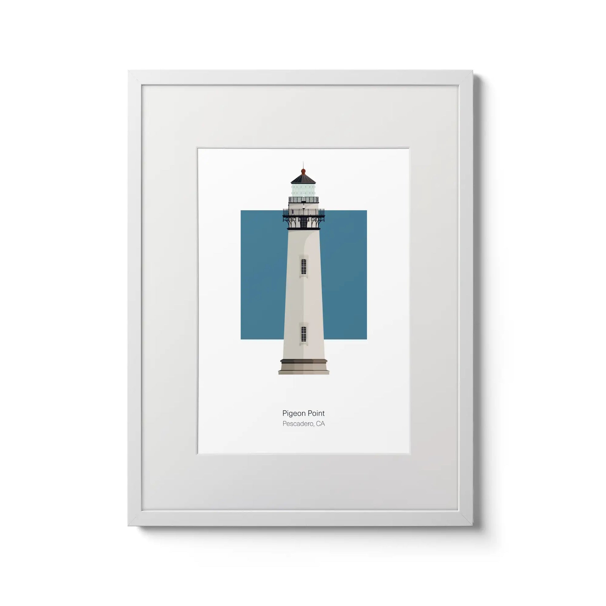 Illustration of the Pigeon Point lighthouse, California, USA. On a white background with aqua blue square as a backdrop., in a white frame and measuring 12"x16" (30x40cm).