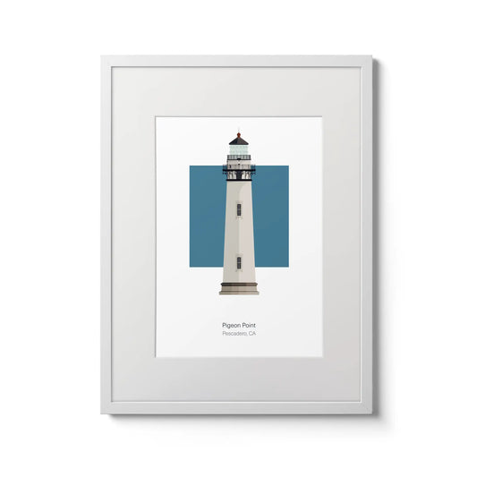 Illustration of the Pigeon Point lighthouse, California, USA. On a white background with aqua blue square as a backdrop., in a white frame and measuring 12"x16" (30x40cm).