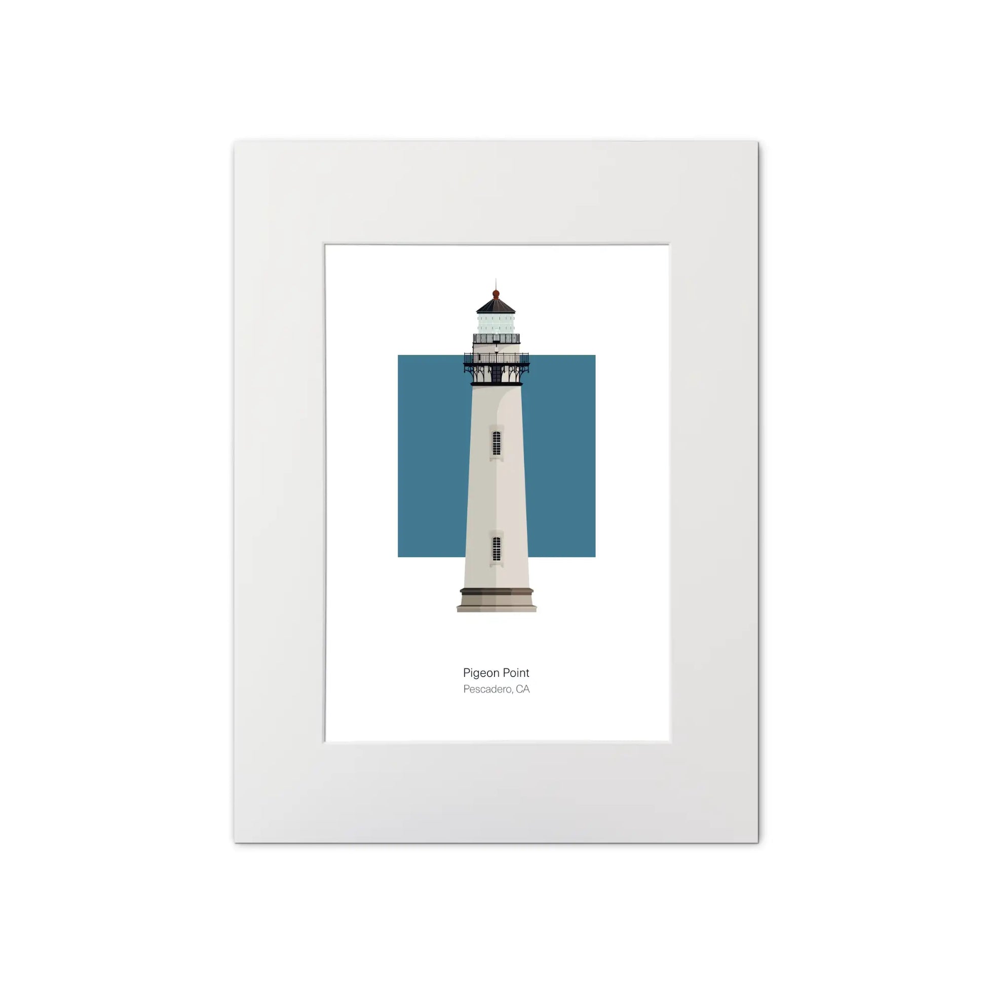 Illustration of the Pigeon Point lighthouse, California, USA. On a white background with aqua blue square as a backdrop, mounted and measuring 12"x16" (30x40cm).