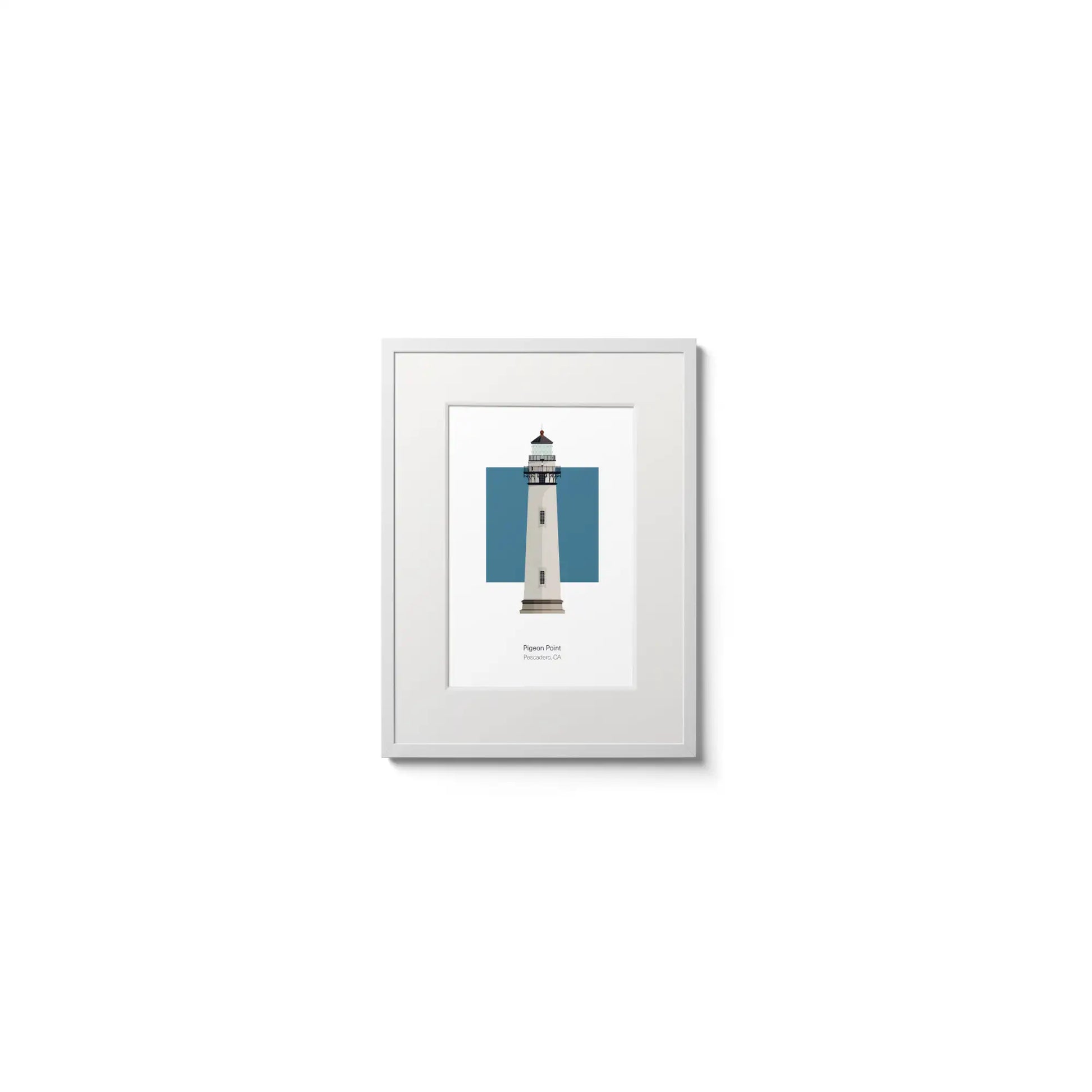 Illustration of the Pigeon Point lighthouse, California, USA. On a white background with aqua blue square as a backdrop, in a white frame and measuring 6"x8" (15x20cm).