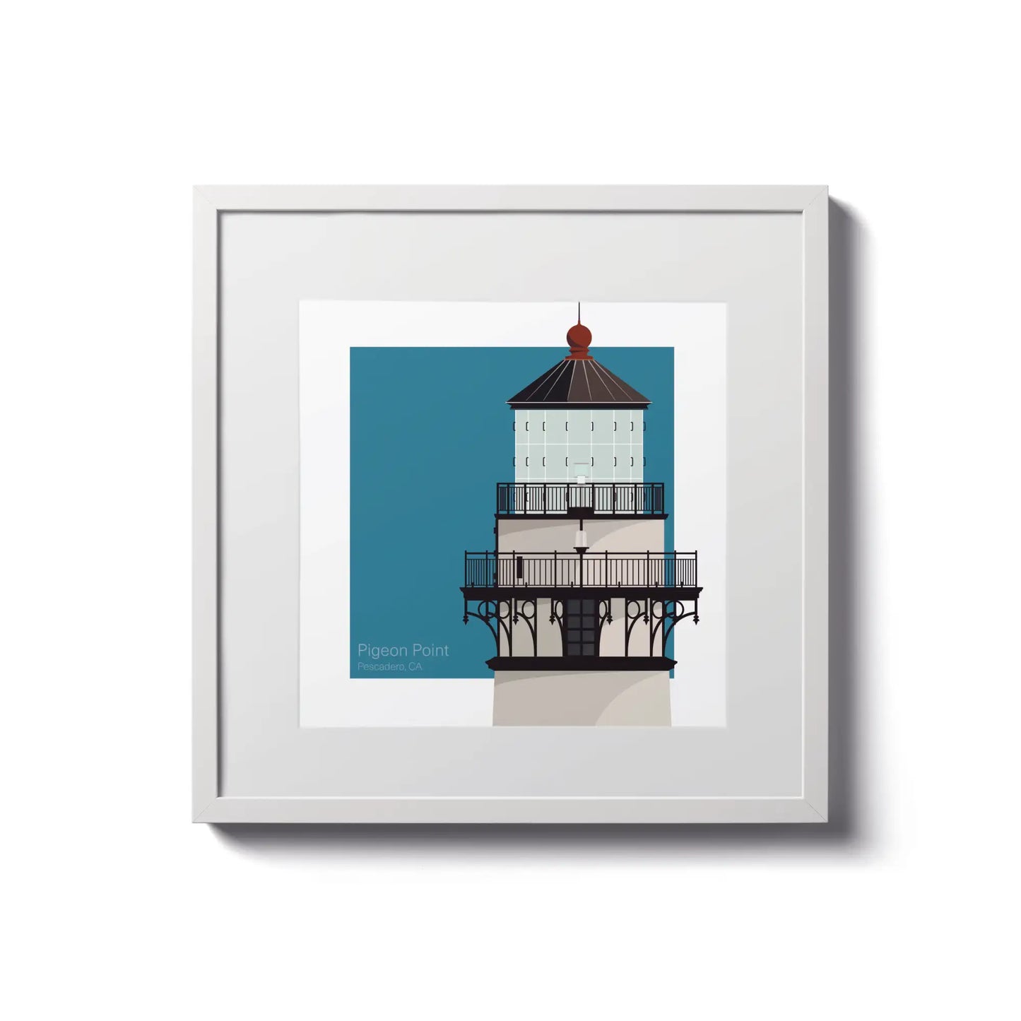 Framed print of Pigeon Point Lighthouse, CA, USA. 8"x8" (20x20cm) white-framed artwork highlighting California’s coastal charm.