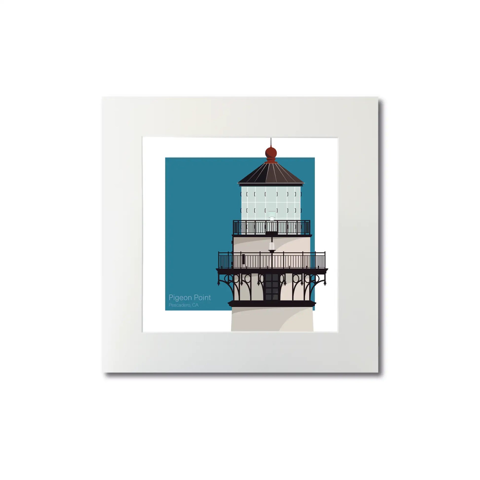 Mounted print of Pigeon Point Lighthouse, CA, USA. Compact 8"x8" (20x20cm) unframed design for a sleek look.