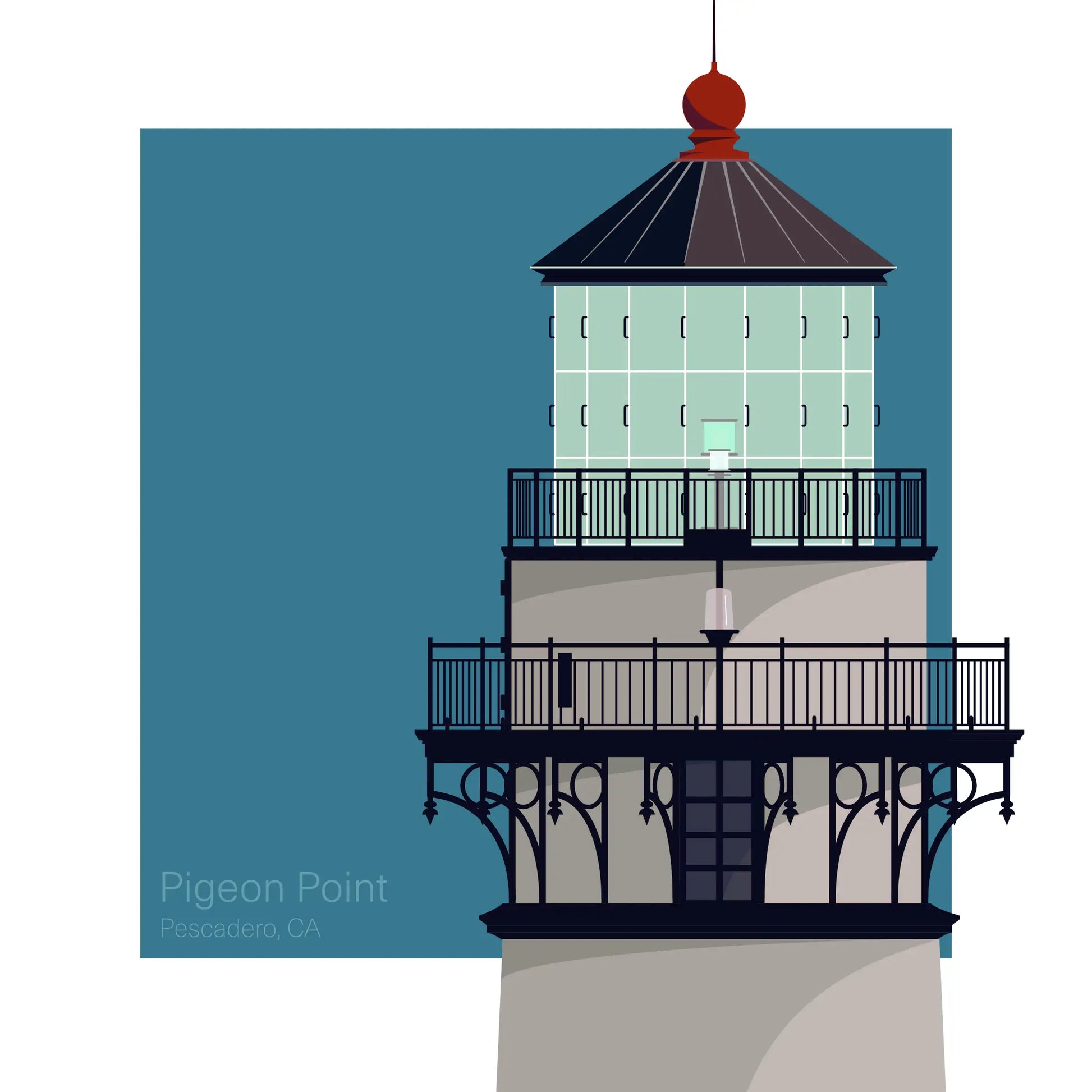 Illustration of Pigeon Point Lighthouse, California, USA. A tall white lighthouse with black lantern against an aqua blue square backdrop.