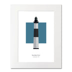 Illustration of the Big Sable Point lighthouse, Michigan, USA. On a white background with aqua blue square as a backdrop, mounted and measuring 16"x 20" (40x50cm).