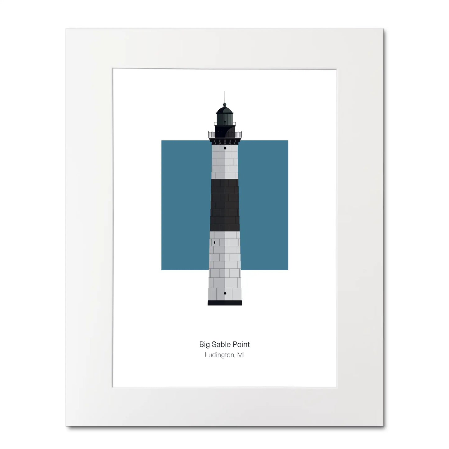 Illustration of the Big Sable Point lighthouse, Michigan, USA. On a white background with aqua blue square as a backdrop, mounted and measuring 16"x 20" (40x50cm).