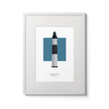 Illustration of the Big Sable Point lighthouse, Michigan, USA. On a white background with aqua blue square as a backdrop., in a white frame and measuring 12"x16" (30x40cm).