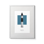 Illustration of the Big Sable Point lighthouse, Michigan, USA. On a white background with aqua blue square as a backdrop., in a white frame and measuring 12"x16" (30x40cm).