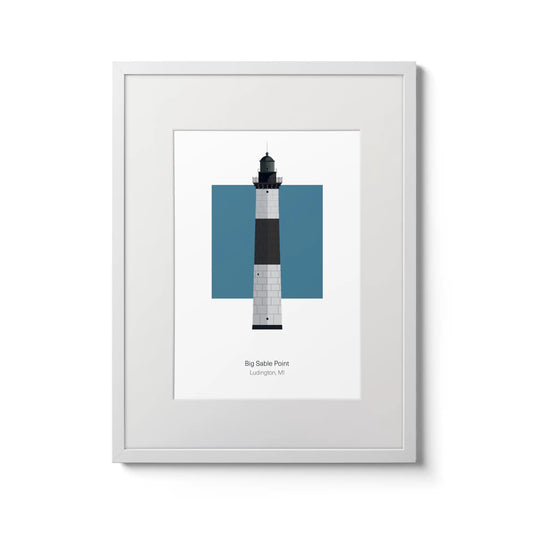 Illustration of the Big Sable Point lighthouse, Michigan, USA. On a white background with aqua blue square as a backdrop., in a white frame and measuring 12"x16" (30x40cm).