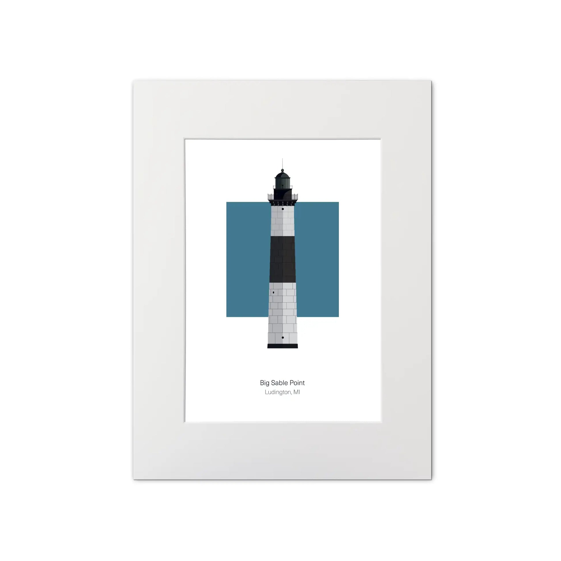 Illustration of the Big Sable Point lighthouse, Michigan, USA. On a white background with aqua blue square as a backdrop, mounted and measuring 12"x16" (30x40cm).