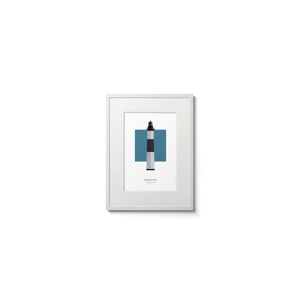 Illustration of the Big Sable Point lighthouse, Michigan, USA. On a white background with aqua blue square as a backdrop, in a white frame and measuring 6"x8" (15x20cm).