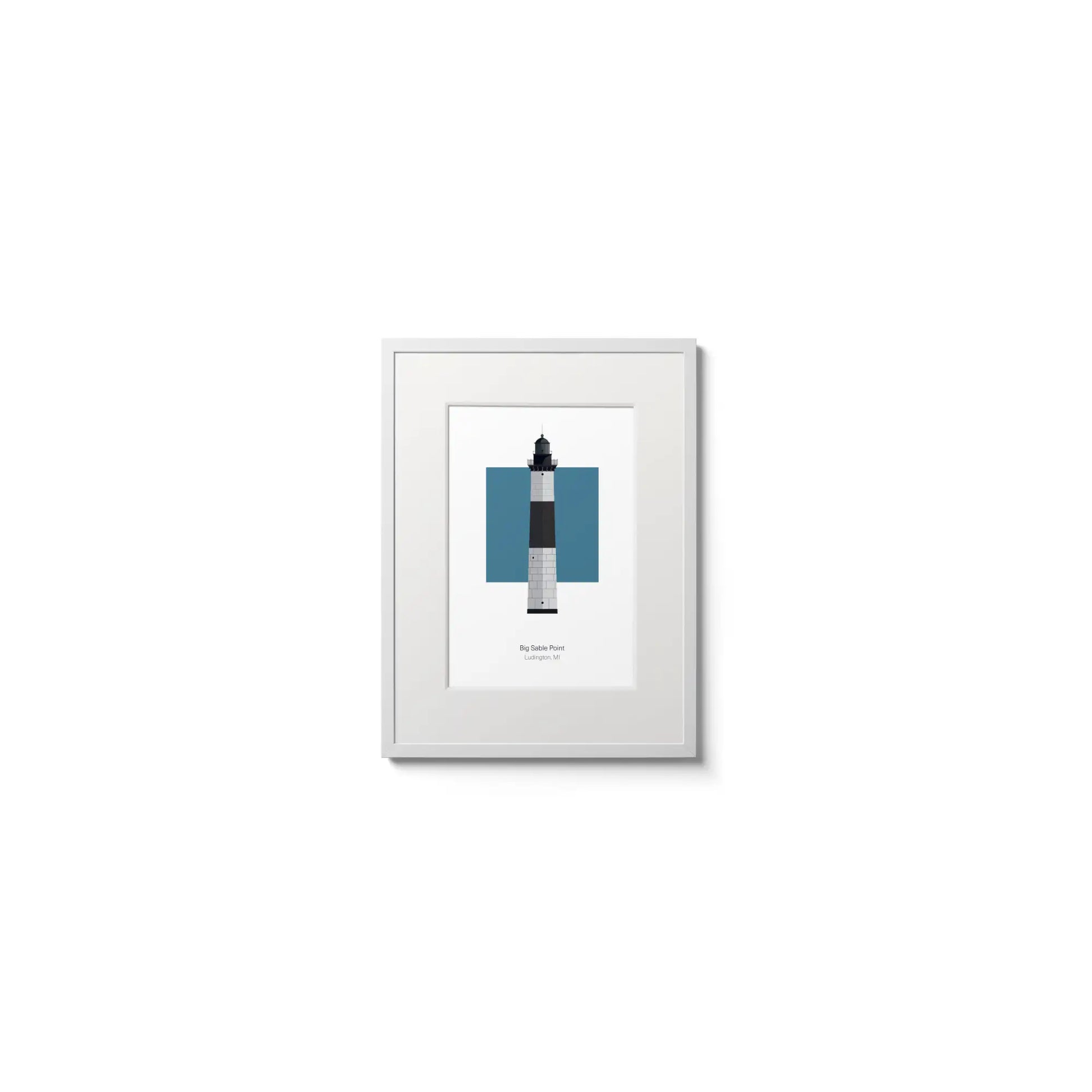 Illustration of the Big Sable Point lighthouse, Michigan, USA. On a white background with aqua blue square as a backdrop, in a white frame and measuring 6"x8" (15x20cm).