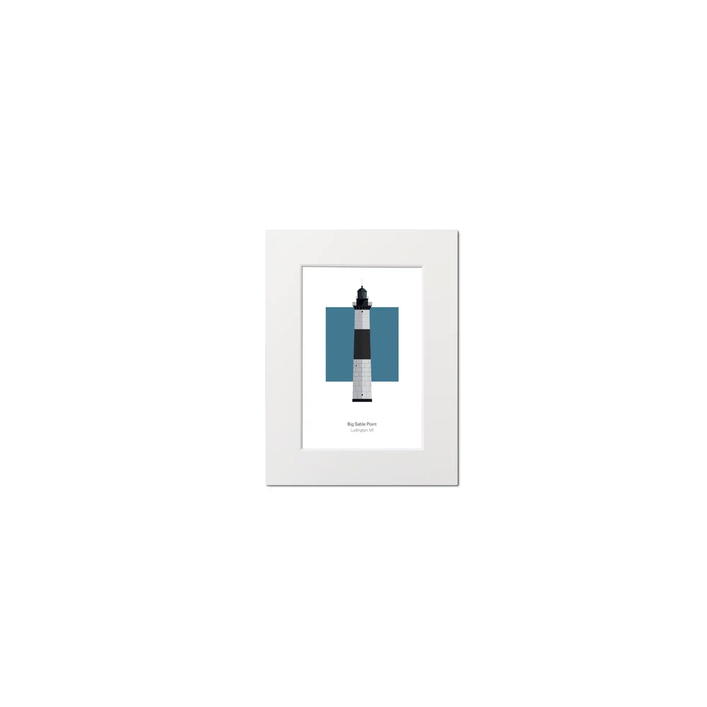 Illustration of the Big Sable Point lighthouse, Michigan, USA. On a white background with aqua blue square as a backdrop, mounted and measuring 6"x8" (15x20cm).