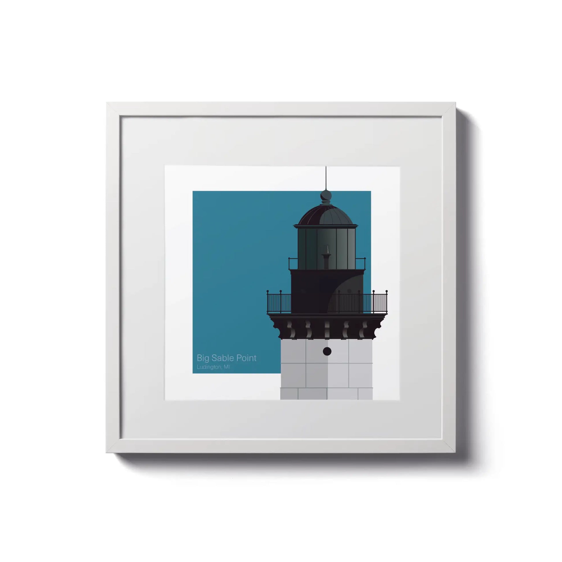 Framed print of Big Sable Point Lighthouse, MI, USA. 8"x8" (20x20cm) white-framed artwork with a bold lighthouse design.