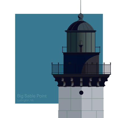 Illustration of Big Sable Point Lighthouse, Michigan, USA. A striking black-and-white banded lighthouse, displayed against an aqua blue square backdrop.