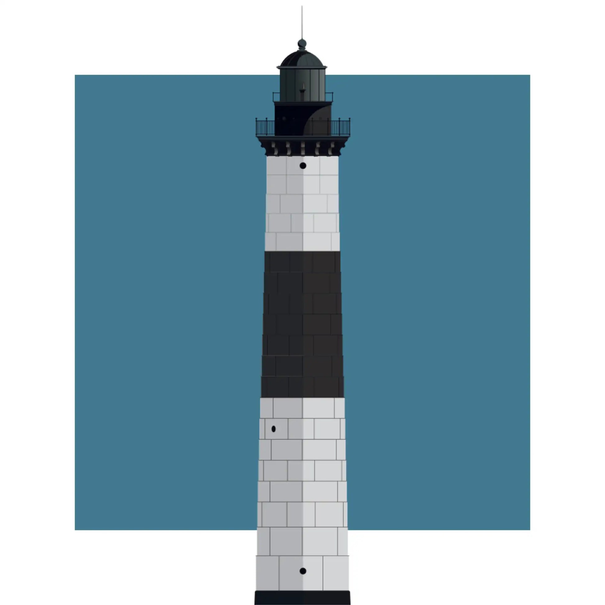 Illustration of the Big Sable Point lighthouse, Michigan, USA. On a white background with aqua blue square as a backdrop.