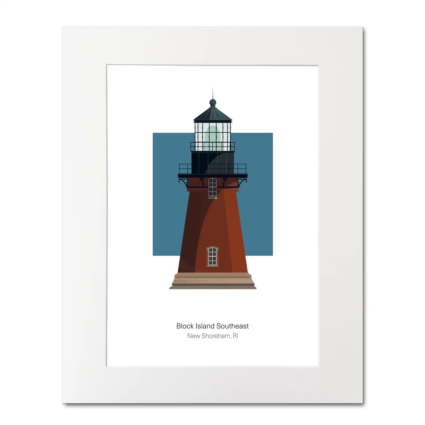 Illustration of the Block Island Southeast lighthouse, Rhode Island,  USA. On a white background with aqua blue square as a backdrop, mounted and measuring 16"x 20" (40x50cm).