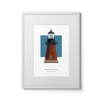 Illustration of the Block Island Southeast lighthouse, Rhode Island,  USA. On a white background with aqua blue square as a backdrop., in a white frame and measuring 12"x16" (30x40cm).