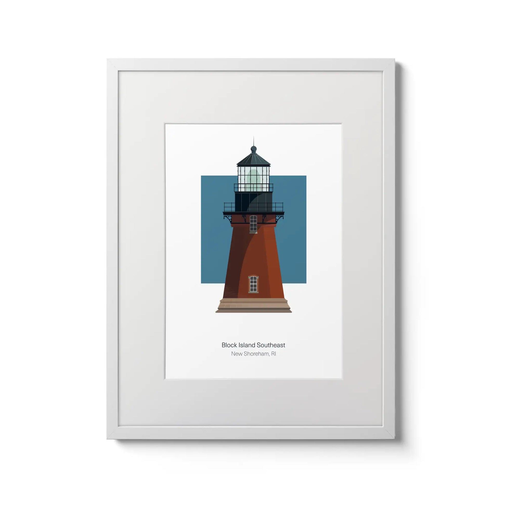 Illustration of the Block Island Southeast lighthouse, Rhode Island,  USA. On a white background with aqua blue square as a backdrop., in a white frame and measuring 12"x16" (30x40cm).