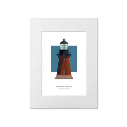 Illustration of the Block Island Southeast lighthouse, Rhode Island,  USA. On a white background with aqua blue square as a backdrop, mounted and measuring 12"x16" (30x40cm).