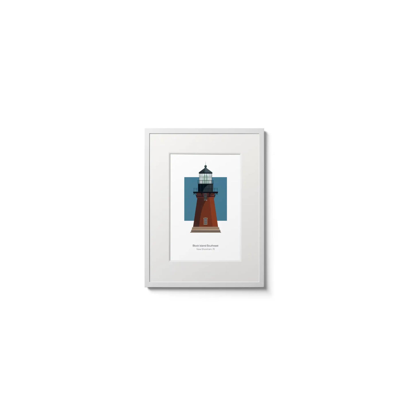 Illustration of the Block Island Southeast lighthouse, Rhode Island,  USA. On a white background with aqua blue square as a backdrop, in a white frame and measuring 6"x8" (15x20cm).