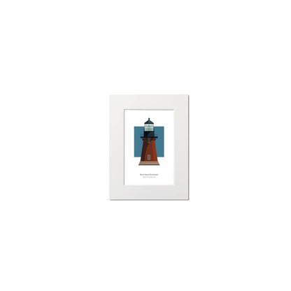 Illustration of the Block Island Southeast lighthouse, Rhode Island,  USA. On a white background with aqua blue square as a backdrop, mounted and measuring 6"x8" (15x20cm).