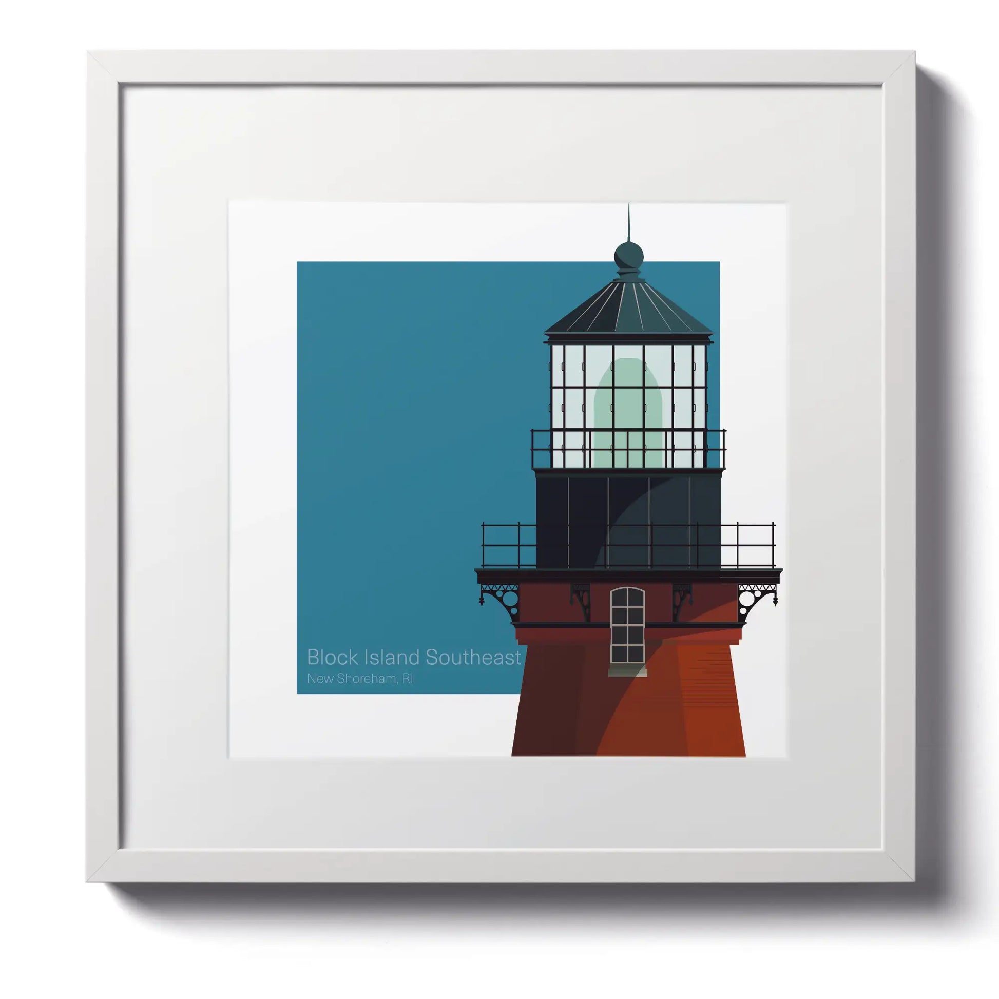 Large framed print of Block Island Southeast Lighthouse, RI, USA. A 12"x12" (30x30cm) framed lighthouse print for coastal decor.