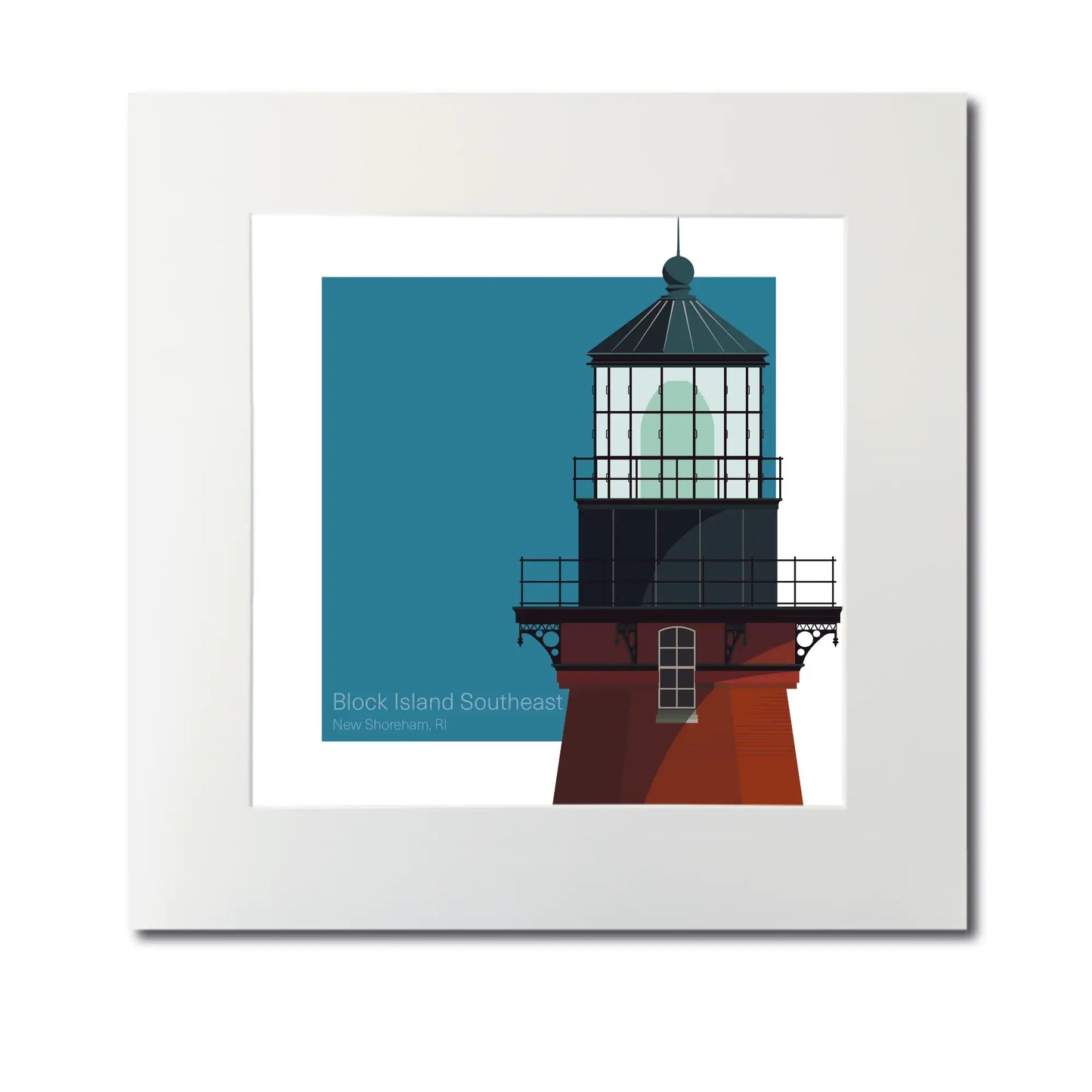 Large mounted print of Block Island Southeast Lighthouse, RI, USA. 12"x12" (30x30cm) unframed lighthouse illustration with a maritime charm.