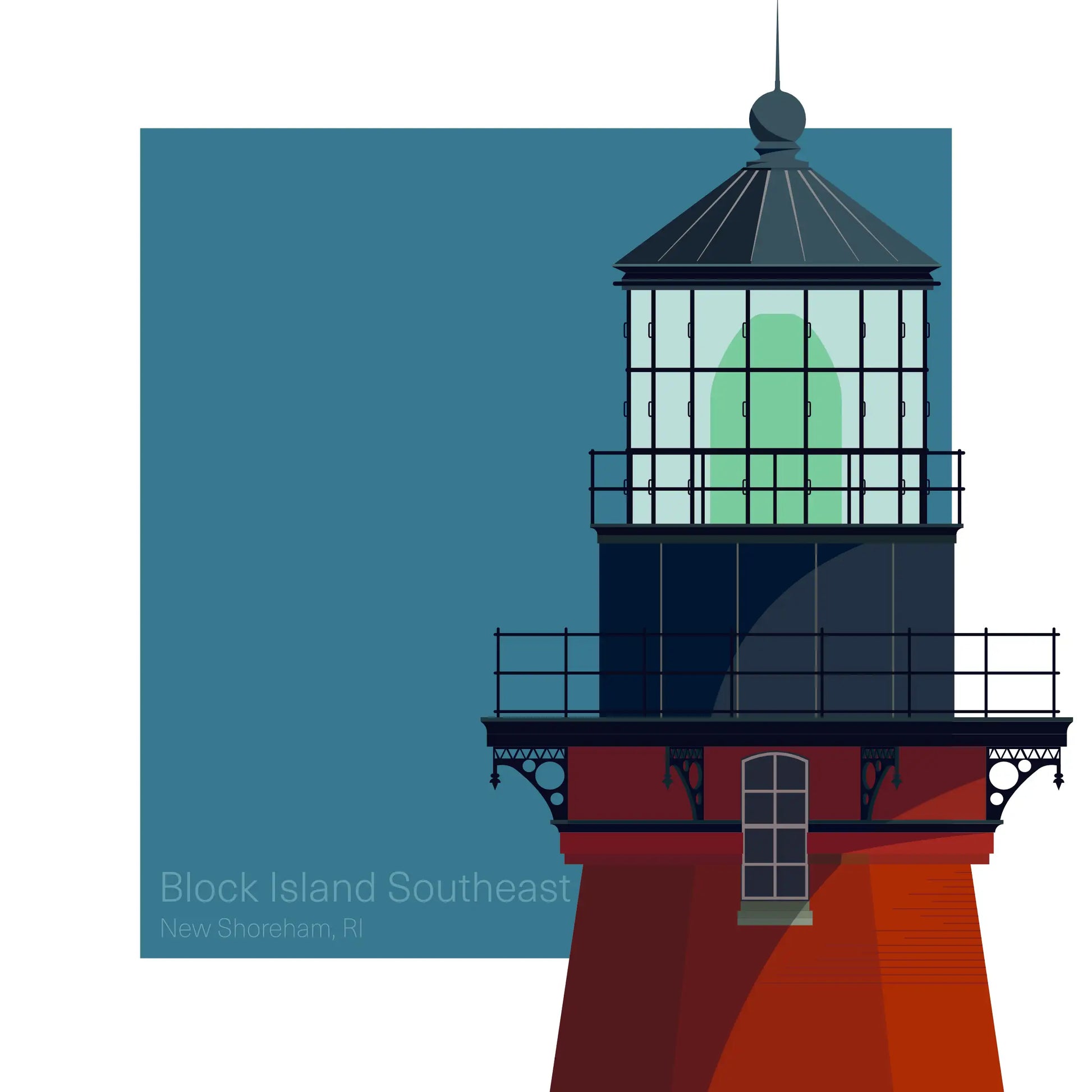 Illustration of Block Island Southeast Lighthouse, Rhode Island, USA. A red-brick lighthouse with a black lantern room, set against an aqua blue square backdrop.