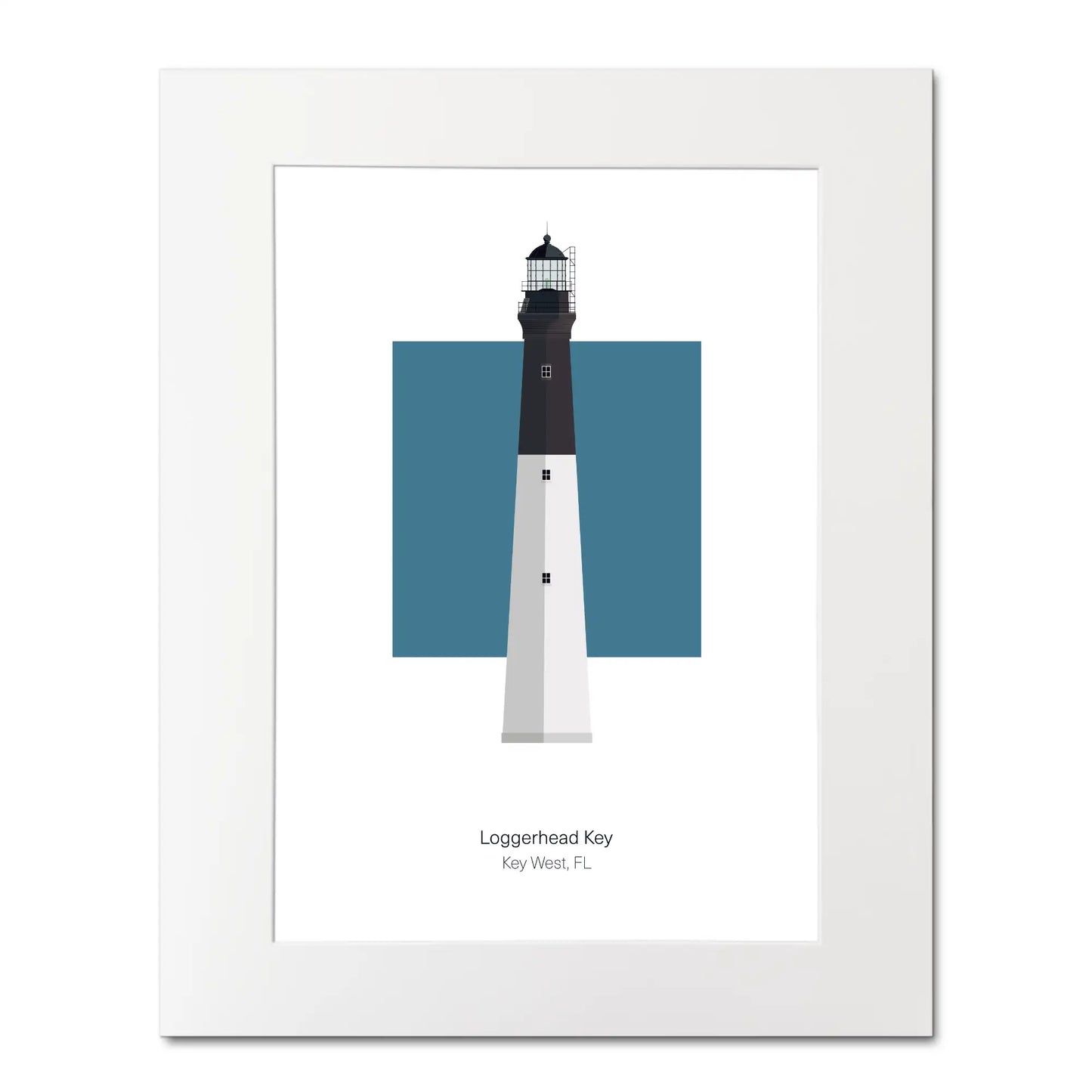 Illustration of the Loggerhead lighthouse, Florida,  USA. On a white background with aqua blue square as a backdrop, mounted and measuring 16"x 20" (40x50cm).