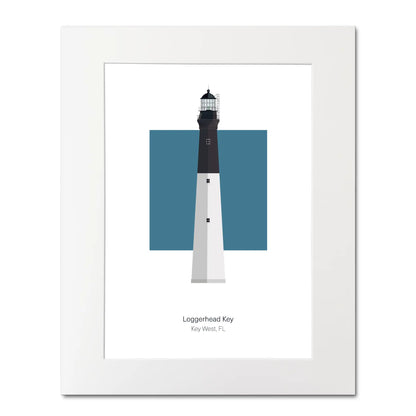 Illustration of the Loggerhead lighthouse, Florida,  USA. On a white background with aqua blue square as a backdrop, mounted and measuring 16"x 20" (40x50cm).