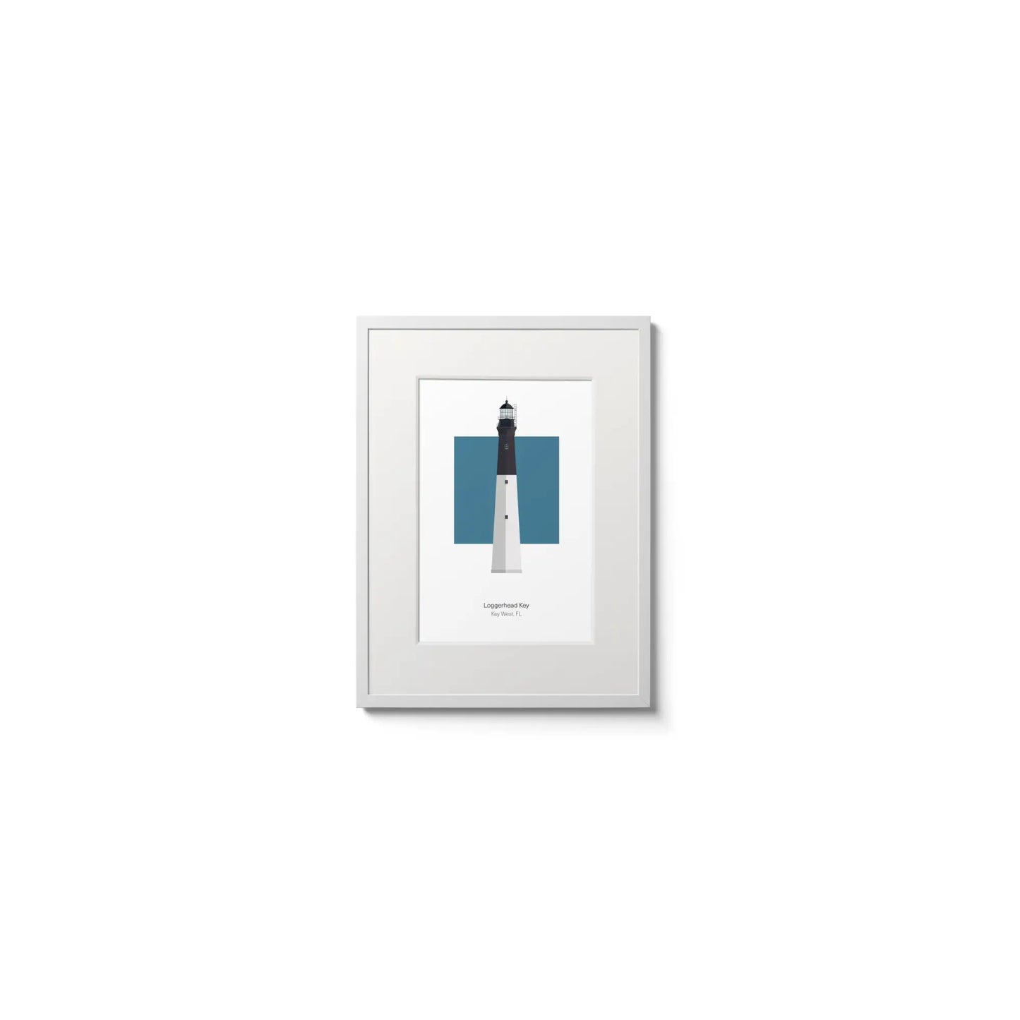 Illustration of the Loggerhead lighthouse, Florida,  USA. On a white background with aqua blue square as a backdrop, in a white frame and measuring 6"x8" (15x20cm).