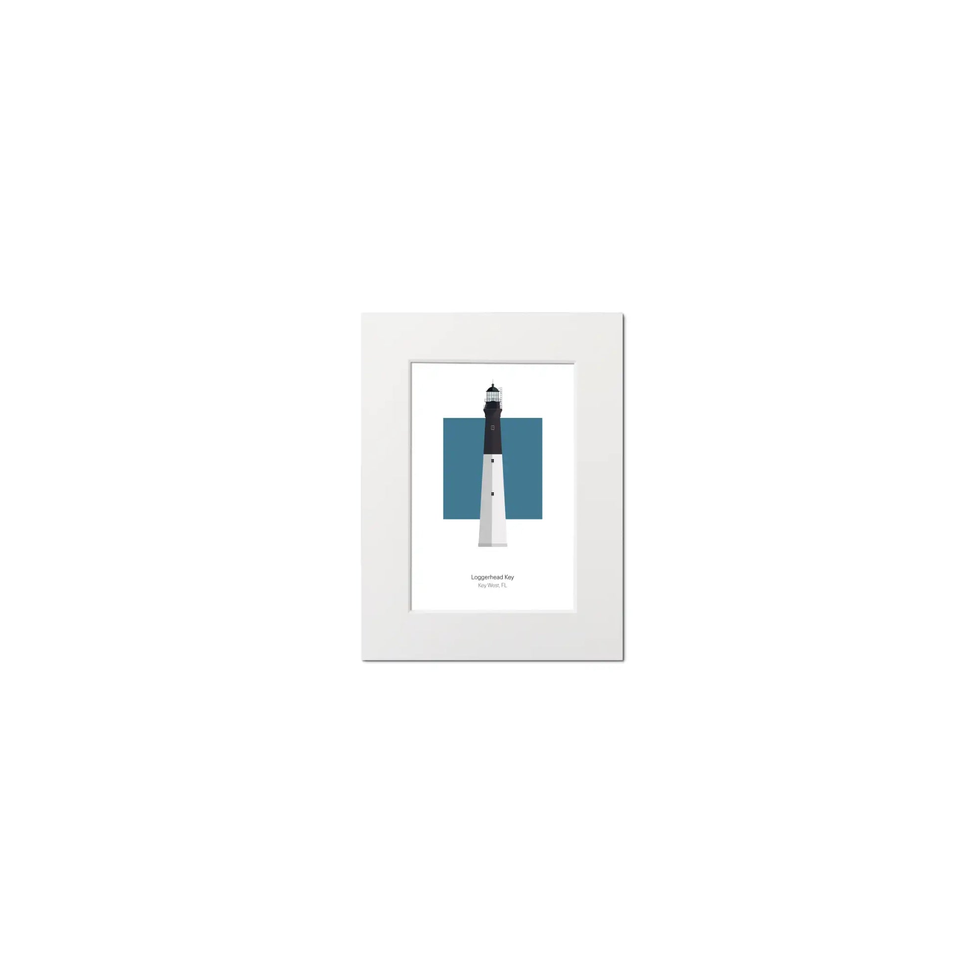 Illustration of the Loggerhead lighthouse, Florida,  USA. On a white background with aqua blue square as a backdrop, mounted and measuring 6"x8" (15x20cm).