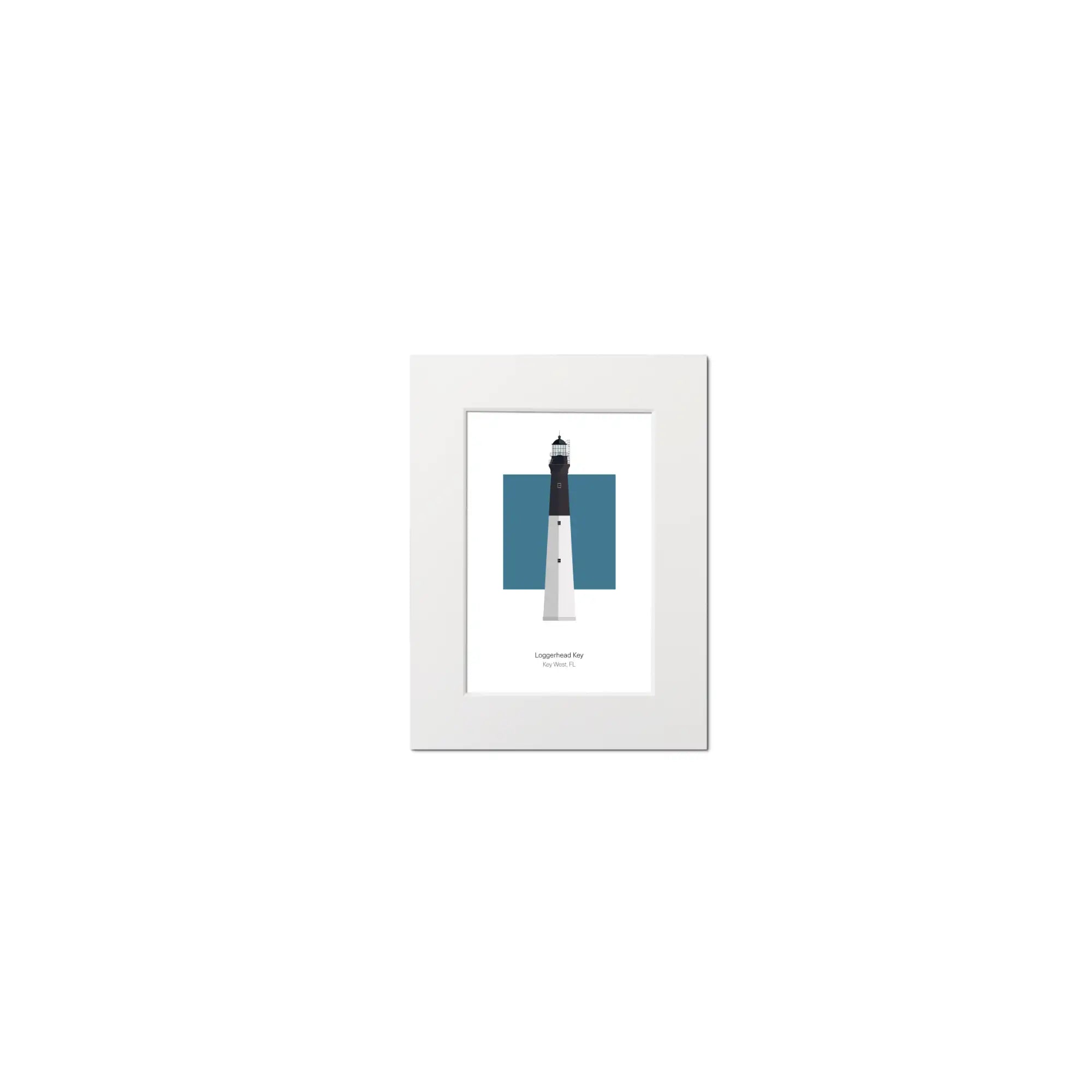 Illustration of the Loggerhead lighthouse, Florida,  USA. On a white background with aqua blue square as a backdrop, mounted and measuring 6"x8" (15x20cm).