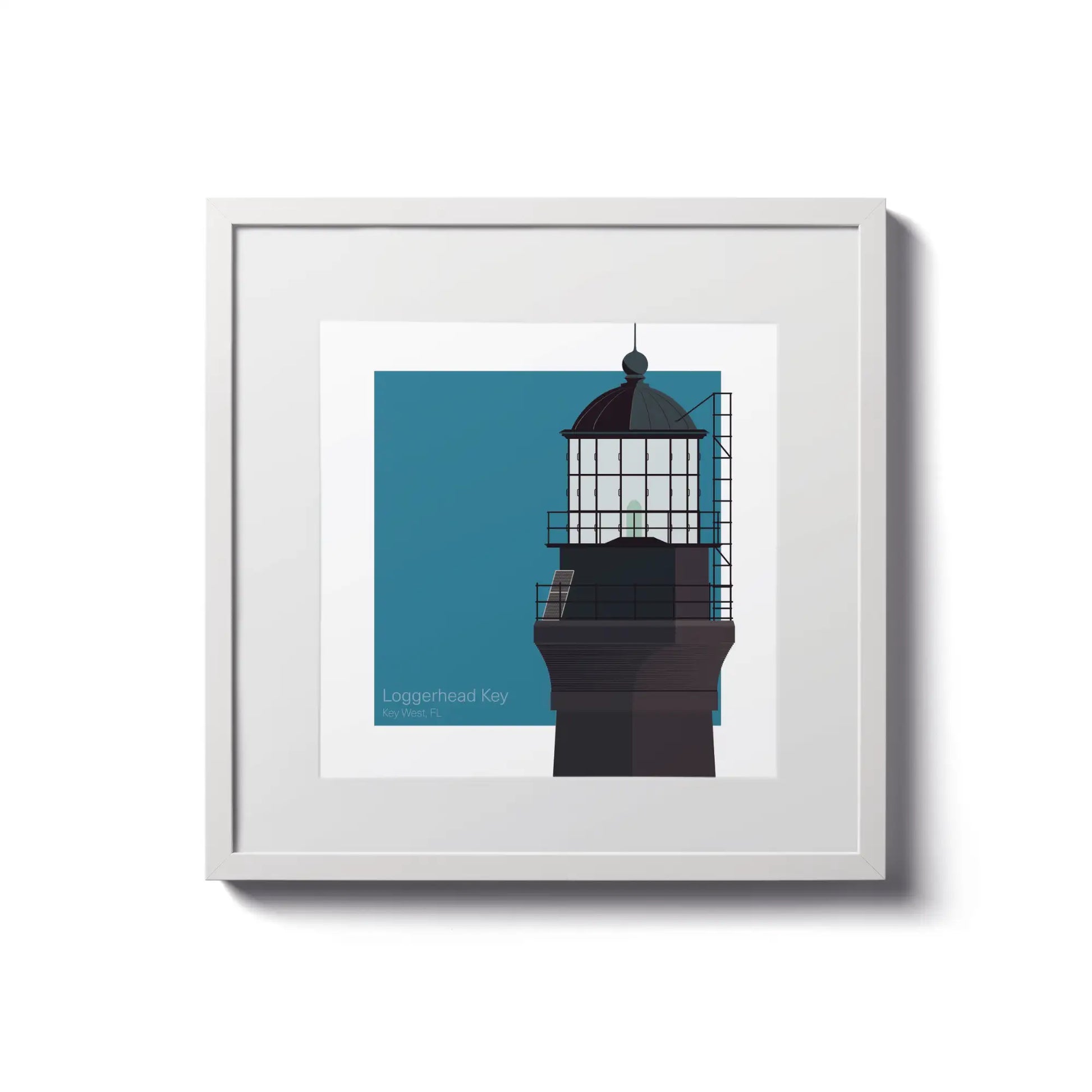 Framed print of Loggerhead Lighthouse, FL, USA. 8"x8" (20x20cm) white-framed artwork showcasing this unique lighthouse structure.