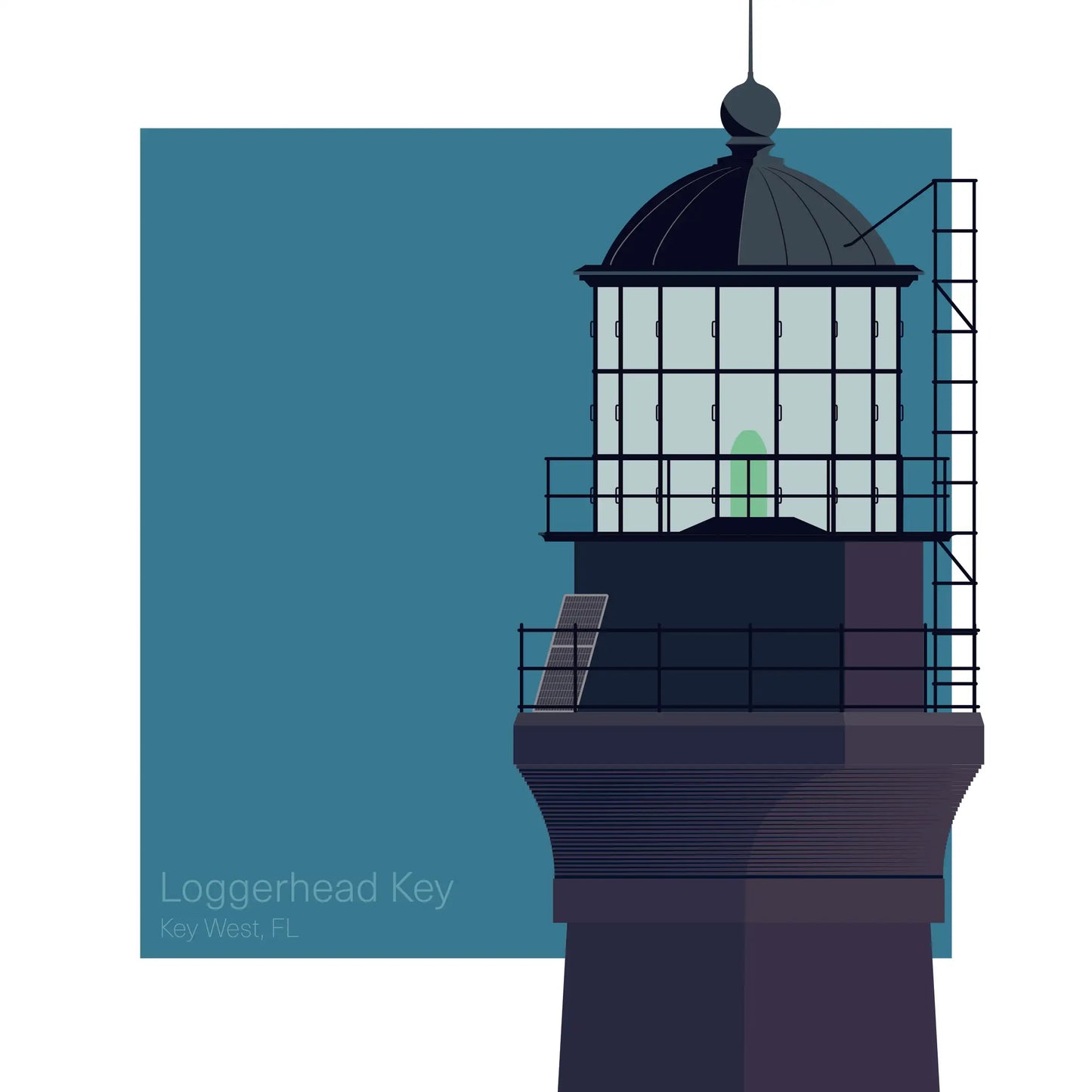 Illustration of Loggerhead Lighthouse, Florida, USA. A skeletal-style lighthouse with a red-brown frame, displayed against an aqua blue square backdrop.