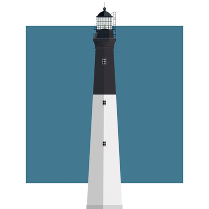 Illustration of the Loggerhead lighthouse, Florida,  USA. On a white background with aqua blue square as a backdrop.