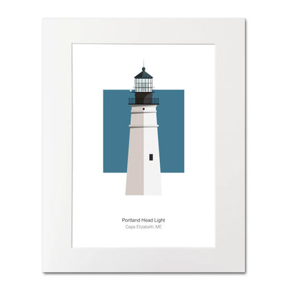 Illustration of the Portland Head lighthouse, Maine,  USA. On a white background with aqua blue square as a backdrop, mounted and measuring 6"x8" (15x20cm).