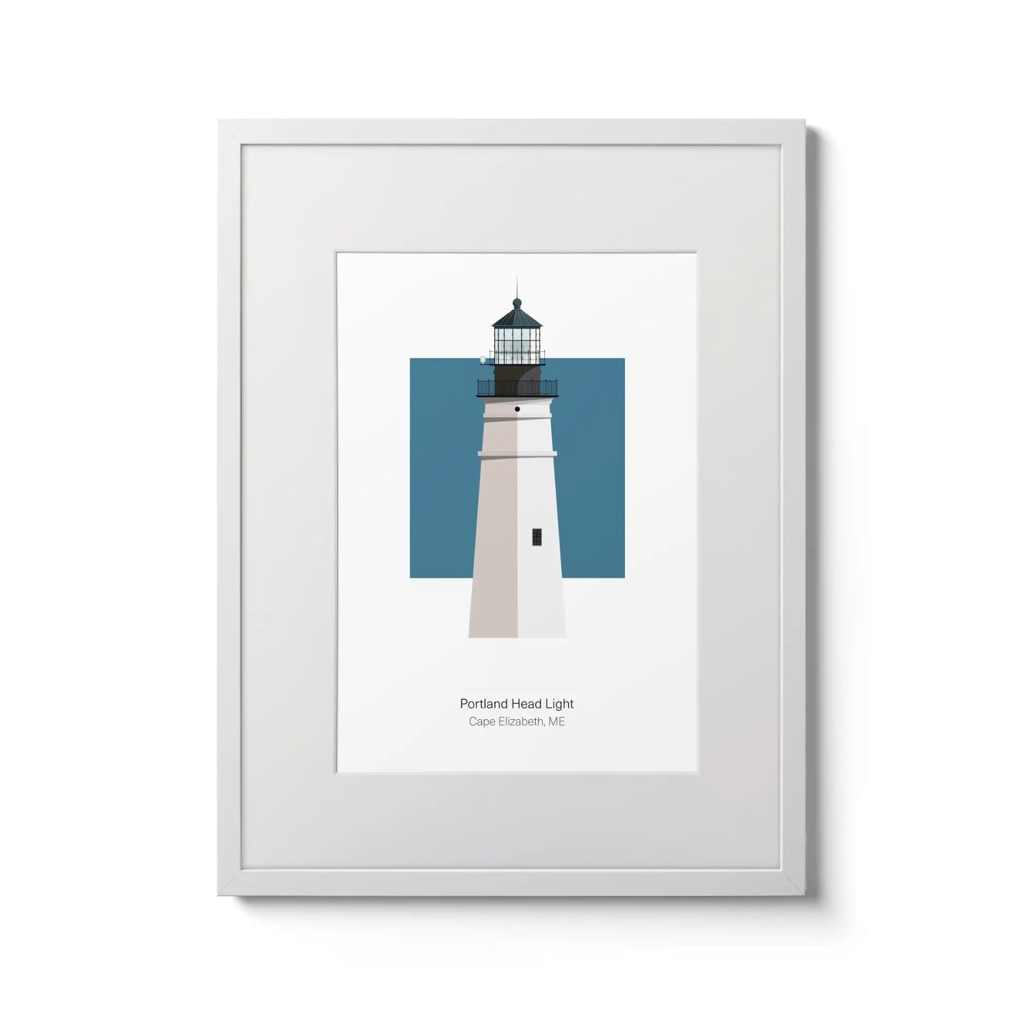 Illustration of the Portland Head lighthouse, Maine,  USA. On a white background with aqua blue square as a backdrop, in a white frame and measuring 6"x8" (15x20cm).